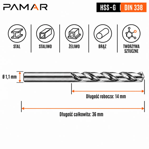 WIERTŁO SZLIFOWANE HSS-G DIN 338 FI. 1,1 MM DO METALU 2
