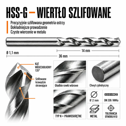 WIERTŁO SZLIFOWANE HSS-G DIN 338 FI. 1,1 MM DO METALU 5