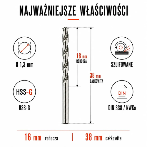 WIERTŁO SZLIFOWANE HSS-G DIN 338 FI. 1,3 MM DO METALU 3