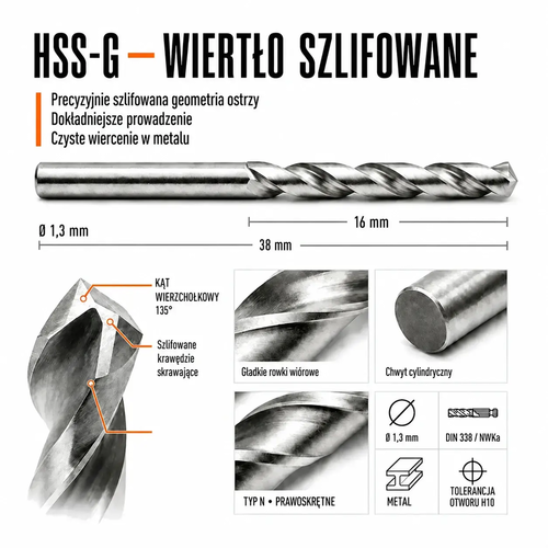 WIERTŁO SZLIFOWANE HSS-G DIN 338 FI. 1,3 MM DO METALU 5