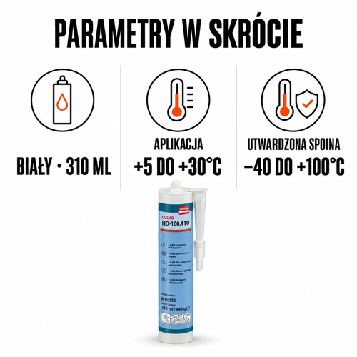 Parametry COSMO HD-100.410 – biały 310 ml, aplikacja +5 do +30°C, utwardzona spoina −40 do +100°C