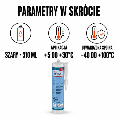 Parametry COSMO HD-100.411 – szary 310 ml, aplikacja +5 do +30°C, utwardzona spoina −40 do +100°C