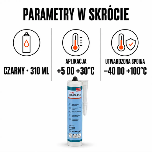 Parametry COSMO HD-100.412 – czarny 310 ml, aplikacja +5 do +30°C, utwardzona spoina −40 do +100°C
