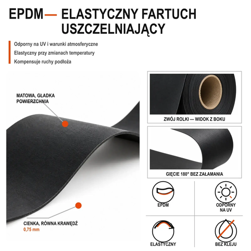 Elastyczny fartuch uszczelniający EPDM 0,75 mm – gładka powierzchnia, zgięcie 180° bez załamania