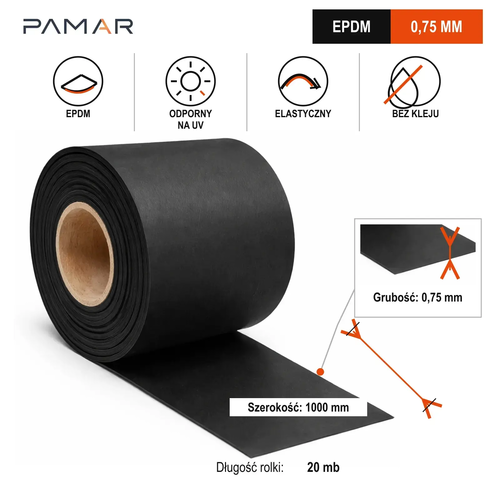 Fartuch EPDM bez kleju 0,75 mm – wymiary rolki: szerokość 1000 mm, długość 20 mb