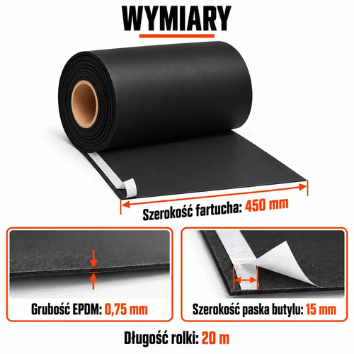 Wymiary fartucha EPDM z paskiem butylu 15 mm — szerokość 450 mm, grubość 0,75 mm, długość 20 m