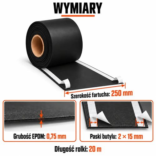 Wymiary fartucha EPDM — szerokość 250 mm, grubość 0,75 mm, długość 20 m i dwa paski butylu 15 mm