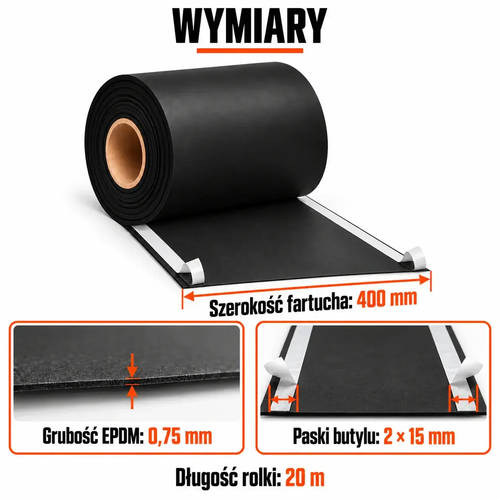Wymiary fartucha EPDM — szerokość 400 mm, grubość 0,75 mm, długość 20 m i dwa paski butylu 15 mm