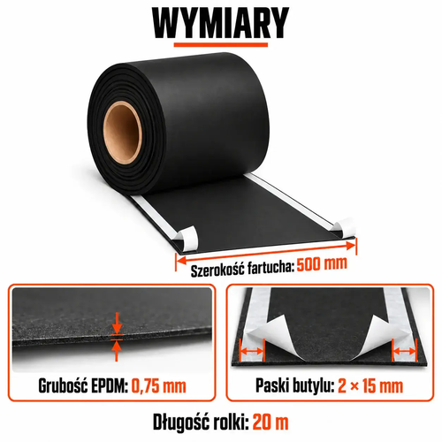 Wymiary fartucha EPDM — szerokość 500 mm, grubość 0,75 mm, długość 20 m i dwa paski butylu 15 mm