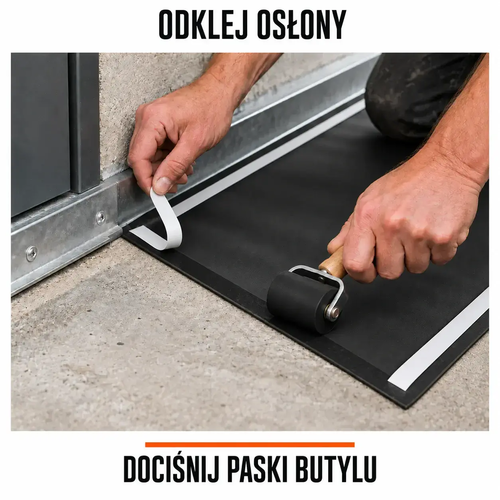 Montaż fartucha EPDM z dwoma paskami butylu 15 mm — zdejmowanie osłon i dociskanie materiału