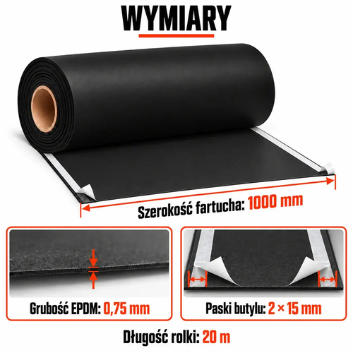 Wymiary fartucha EPDM — szerokość 1000 mm, grubość 0,75 mm, długość 20 m i dwa paski butylu 15 mm