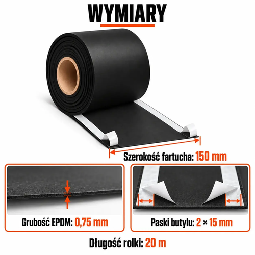 FARTUCH EPDM Z DWOMA PASKAMI BUTYLU 15mm 0,75 x 150mm x 20 mb