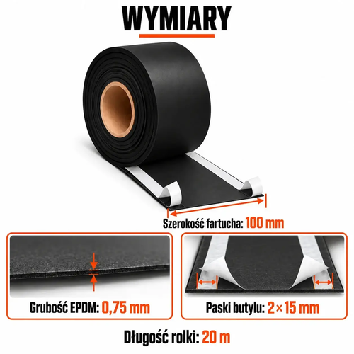 FARTUCH EPDM Z DWOMA PASKAMI BUTYLU 15mm 0,75 x 100mm x 20 mb