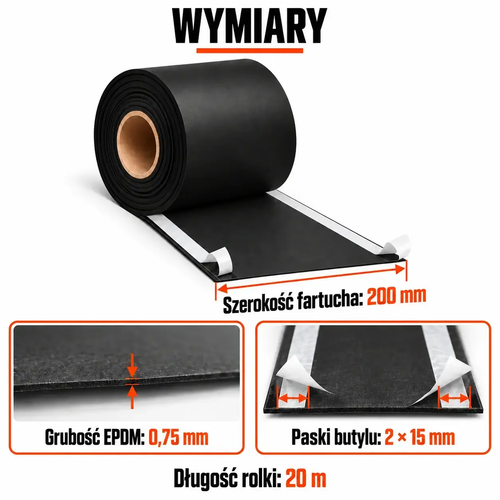 FARTUCH EPDM Z DWOMA PASKAMI BUTYLU 15mm 0,75 x 200mm x 20 mb