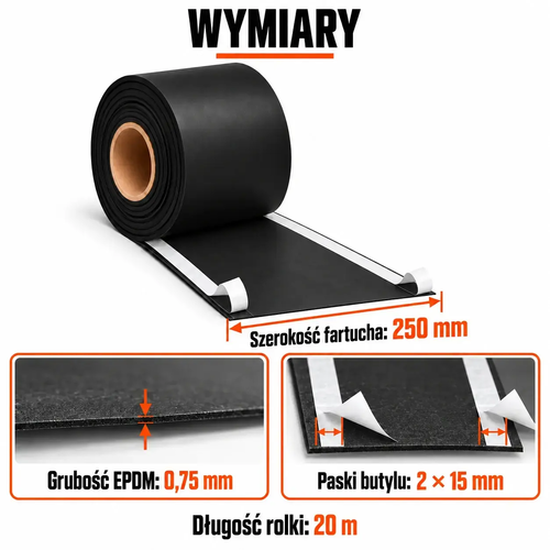 FARTUCH EPDM Z DWOMA PASKAMI BUTYLU 15mm 0,75 x 250mm x 20 mb