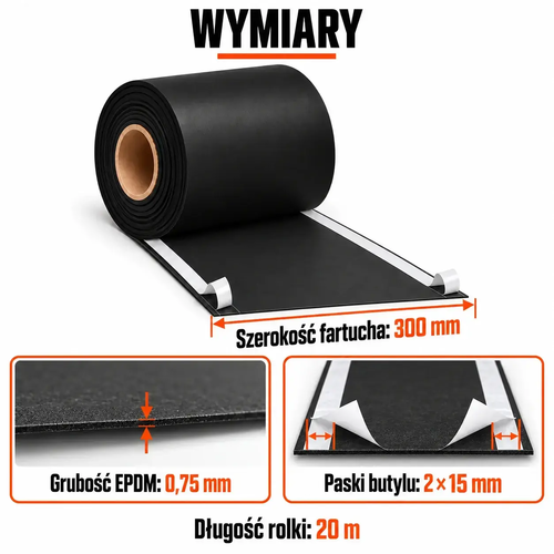 FARTUCH EPDM Z DWOMA PASKAMI BUTYLU 15mm 0,75 x 300mm x 20 mb