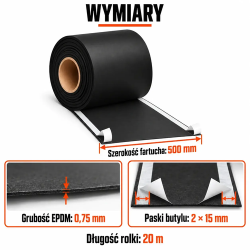 FARTUCH EPDM Z DWOMA PASKAMI BUTYLU 15mm 0,75 x 500mm x 20 mb