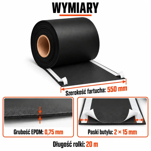 FARTUCH EPDM Z DWOMA PASKAMI BUTYLU 15mm 0,75 x 550mm x 20 mb