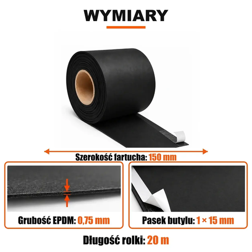FARTUCH EPDM Z PASKIEM BUTYLU 15mm 0,75 x 150 mm x 20 mb