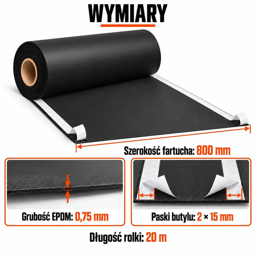 FARTUCH EPDM Z DWOMA PASKAMI BUTYLU 15mm 0,75 x 800mm x 20 mb