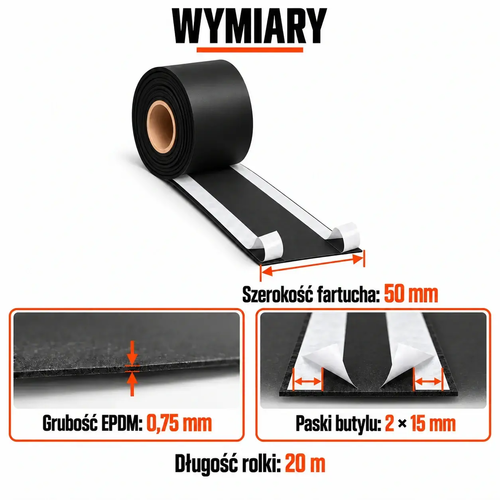 FARTUCH EPDM Z DWOMA PASKAMI BUTYLU 15mm 0,75 x 50mm x 20 mb