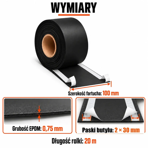 FARTUCH EPDM Z DWOMA PASKAMI BUTYLU 30mm 0,75 x 100mm x 20 mb