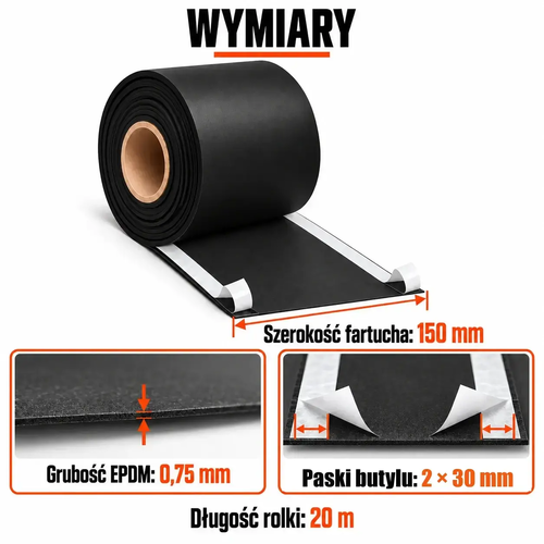 FARTUCH EPDM Z DWOMA PASKAMI BUTYLU 30mm 0,75 x 150mm x 20 mb