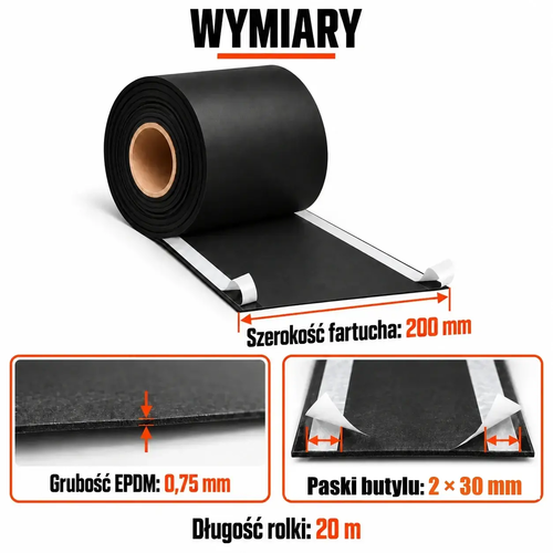 FARTUCH EPDM Z DWOMA PASKAMI BUTYLU 30mm 0,75 x 200mm x 20 mb