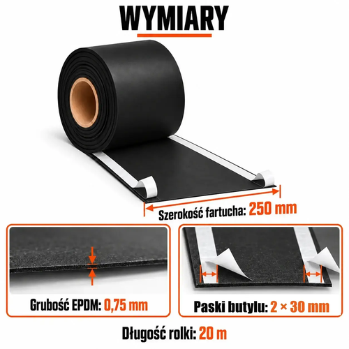 FARTUCH EPDM Z DWOMA PASKAMI BUTYLU 30mm 0,75 x 250mm x 20 mb