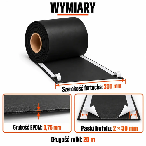 FARTUCH EPDM Z DWOMA PASKAMI BUTYLU 30mm 0,75 x 300mm x 20 mb
