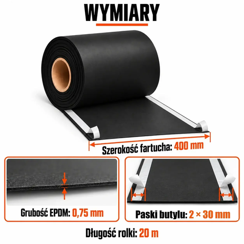 FARTUCH EPDM Z DWOMA PASKAMI BUTYLU 30mm 0,75 x 400mm x 20 mb