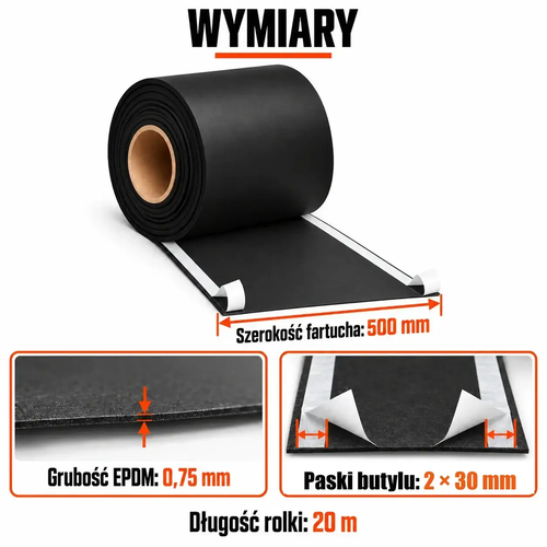 FARTUCH EPDM Z DWOMA PASKAMI BUTYLU 30mm 0,75 x 500mm x 20 mb