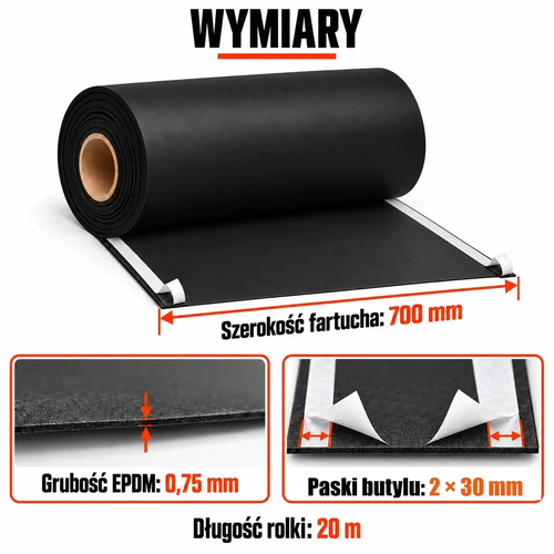 FARTUCH EPDM Z DWOMA PASKAMI BUTYLU 30mm 0,75 x 700mm x 20 mb