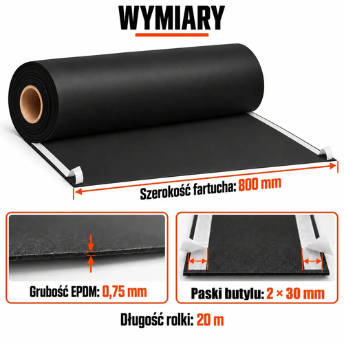 FARTUCH EPDM Z DWOMA PASKAMI BUTYLU 30mm 0,75 x 800mm x 20 mb