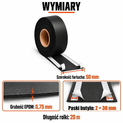 FARTUCH EPDM Z DWOMA PASKAMI BUTYLU 30mm 0,75 x 50mm x 20 mb