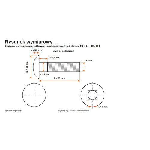 Rysunek wymiarowy śruby zamkowej DIN 603 M5×20 – wymiary k, D, f, a, b, L