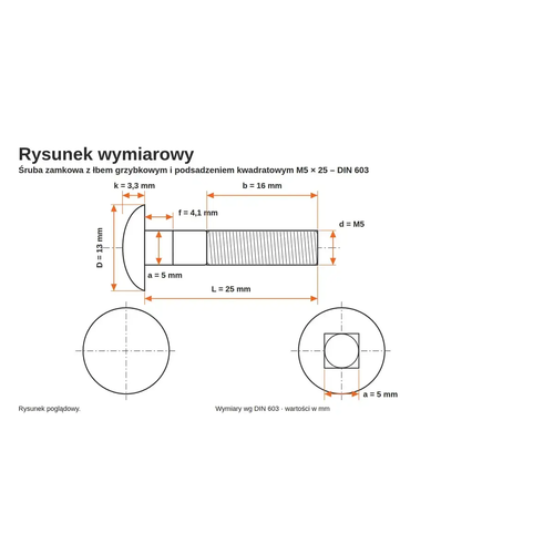 Rysunek wymiarowy śruby zamkowej DIN 603 M5×25 – wymiary k, D, f, a, b, L