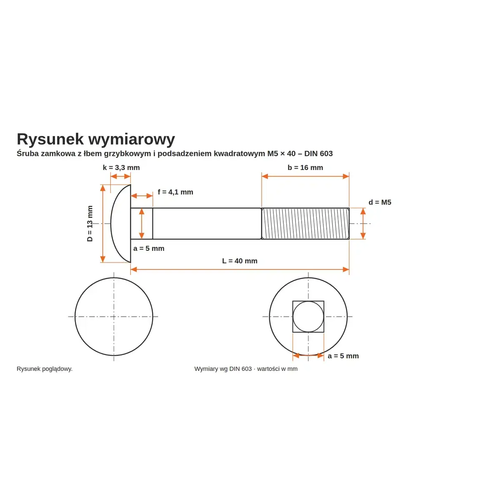 Rysunek wymiarowy śruby zamkowej DIN 603 M5×40 – wymiary k, D, f, a, b, L