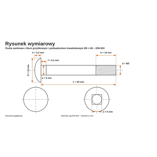 Rysunek wymiarowy śruby zamkowej DIN 603 M5×60 – wymiary k, D, f, a, b, L