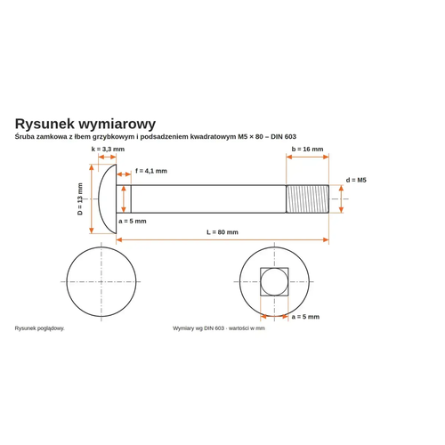 Rysunek wymiarowy śruby zamkowej DIN 603 M5×80 – wymiary k, D, f, a, b, L