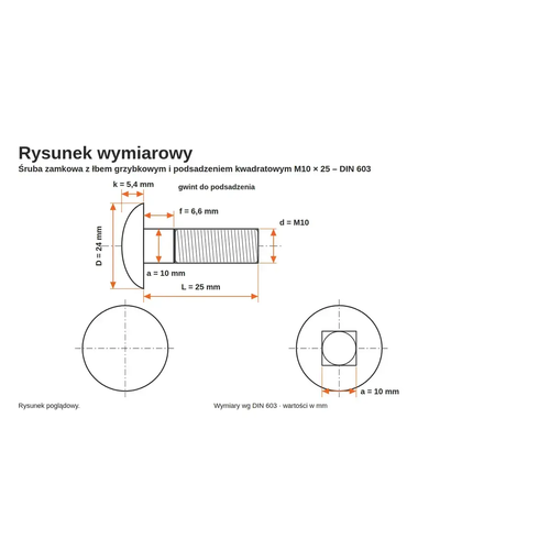 Rysunek wymiarowy śruby zamkowej DIN 603 M10×25 – wymiary k, D, f, a, b, L