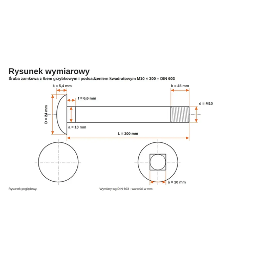Rysunek wymiarowy śruby zamkowej DIN 603 M10×300 – wymiary k, D, f, a, b, L