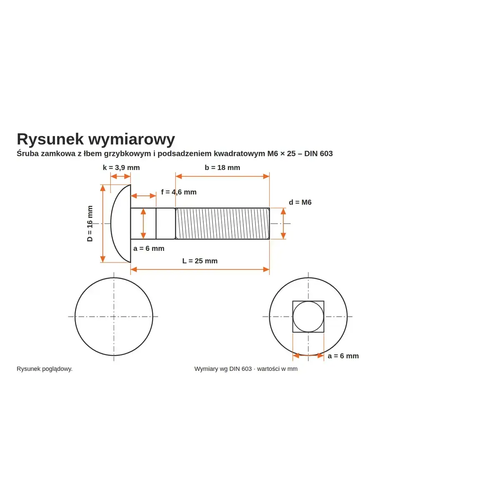 Rysunek wymiarowy śruby zamkowej DIN 603 M6×25 – wymiary k, D, f, a, b, L