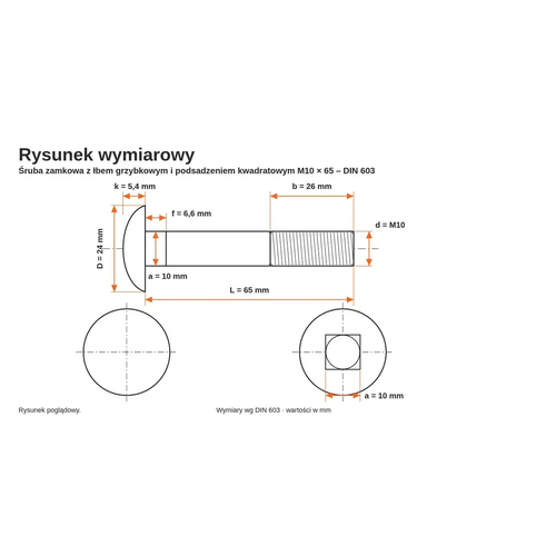 Rysunek wymiarowy śruby zamkowej DIN 603 M10×65 – wymiary k, D, f, a, b, L