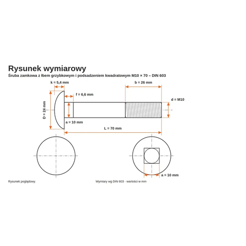 Rysunek wymiarowy śruby zamkowej DIN 603 M10×70 – wymiary k, D, f, a, b, L