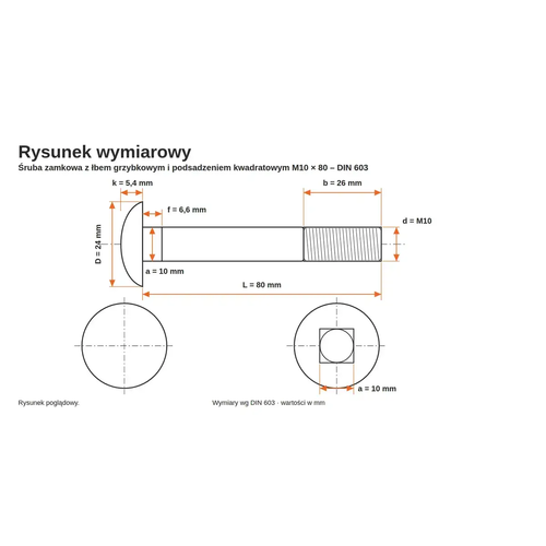 Rysunek wymiarowy śruby zamkowej DIN 603 M10×80 – wymiary k, D, f, a, b, L