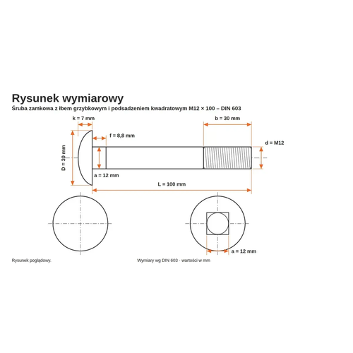Rysunek wymiarowy śruby zamkowej DIN 603 M12×100 – wymiary k, D, f, a, b, L