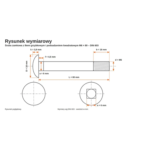 Rysunek wymiarowy śruby zamkowej DIN 603 M6×80 – wymiary k, D, f, a, b, L