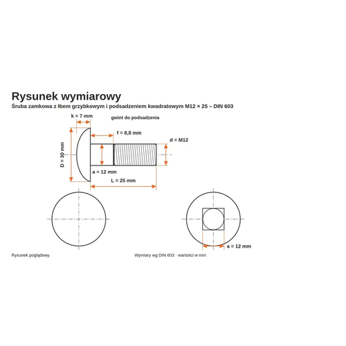Rysunek wymiarowy śruby zamkowej DIN 603 M12×25 – wymiary k, D, f, a, b, L