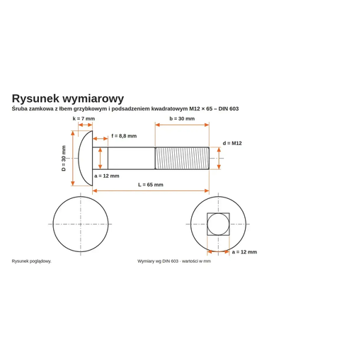 Rysunek wymiarowy śruby zamkowej DIN 603 M12×65 – wymiary k, D, f, a, b, L